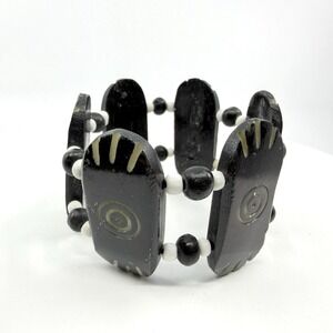 Boho Tribal Cow Horn Segments Black Wood Beads Bracelet Ethnic Statement Artisan